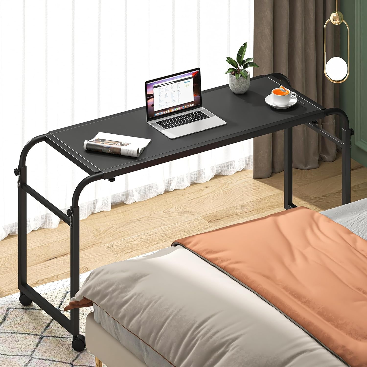 Overbed Table with Wheels,Rolling Desk over Bed Adjustable Height,Mobile Standing Laptop Table over Bed King Queen for Hospital and Home,Black