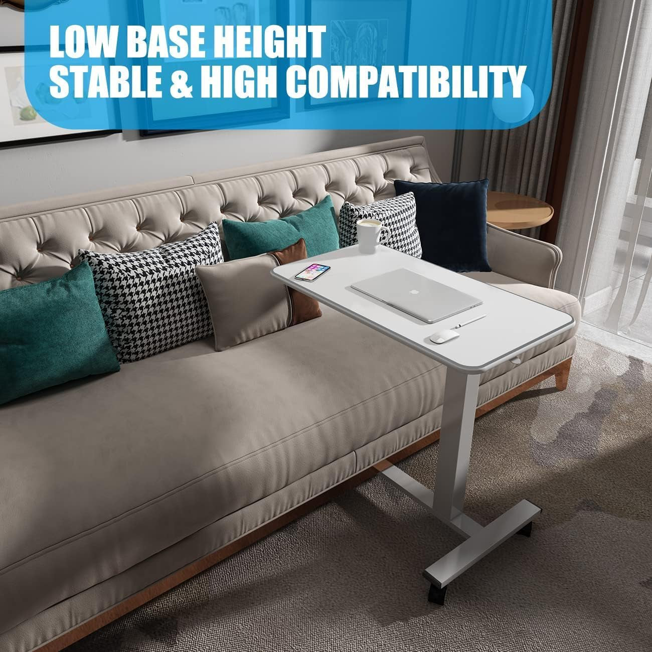 Overbed Table Height Adjustable Pneumatic Hospital Bed Table with Lockable Wheels Rolling Bedside Table Standing Desk Bed Table for Home Office Height 29"-44"