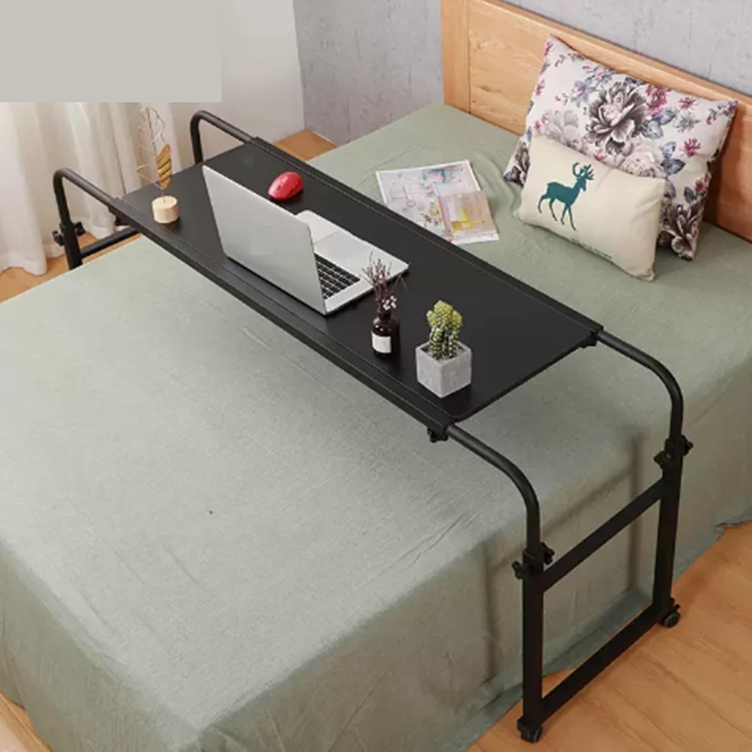 GHT Table for Bed Rolling Overbed Table Bedside Table with Wheels (White NO Baffle_120*45Cm/47 * 17.5IN)