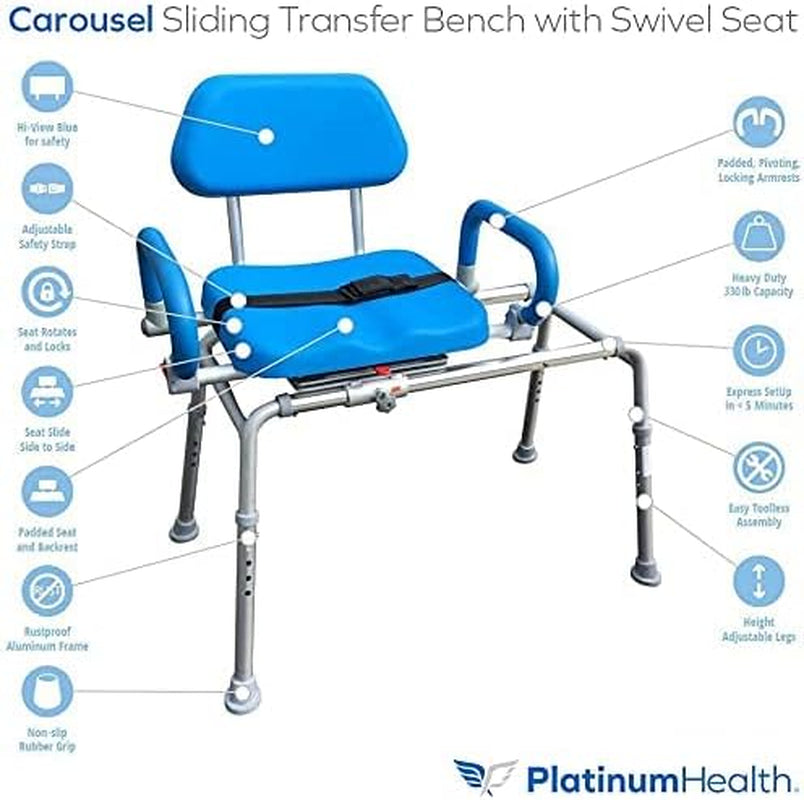 Carousel Sliding Shower Chair Tub Transfer Bench with Swivel Seat, Premium Padded, Pivoting Arms, Adjustable Space Saving Design for Tubs, inside Shower, for Handicap & Seniors, Blue