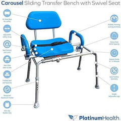 Carousel Sliding Shower Chair Tub Transfer Bench with Swivel Seat, Premium Padded, Pivoting Arms, Adjustable Space Saving Design for Tubs, inside Shower, for Handicap & Seniors, Blue