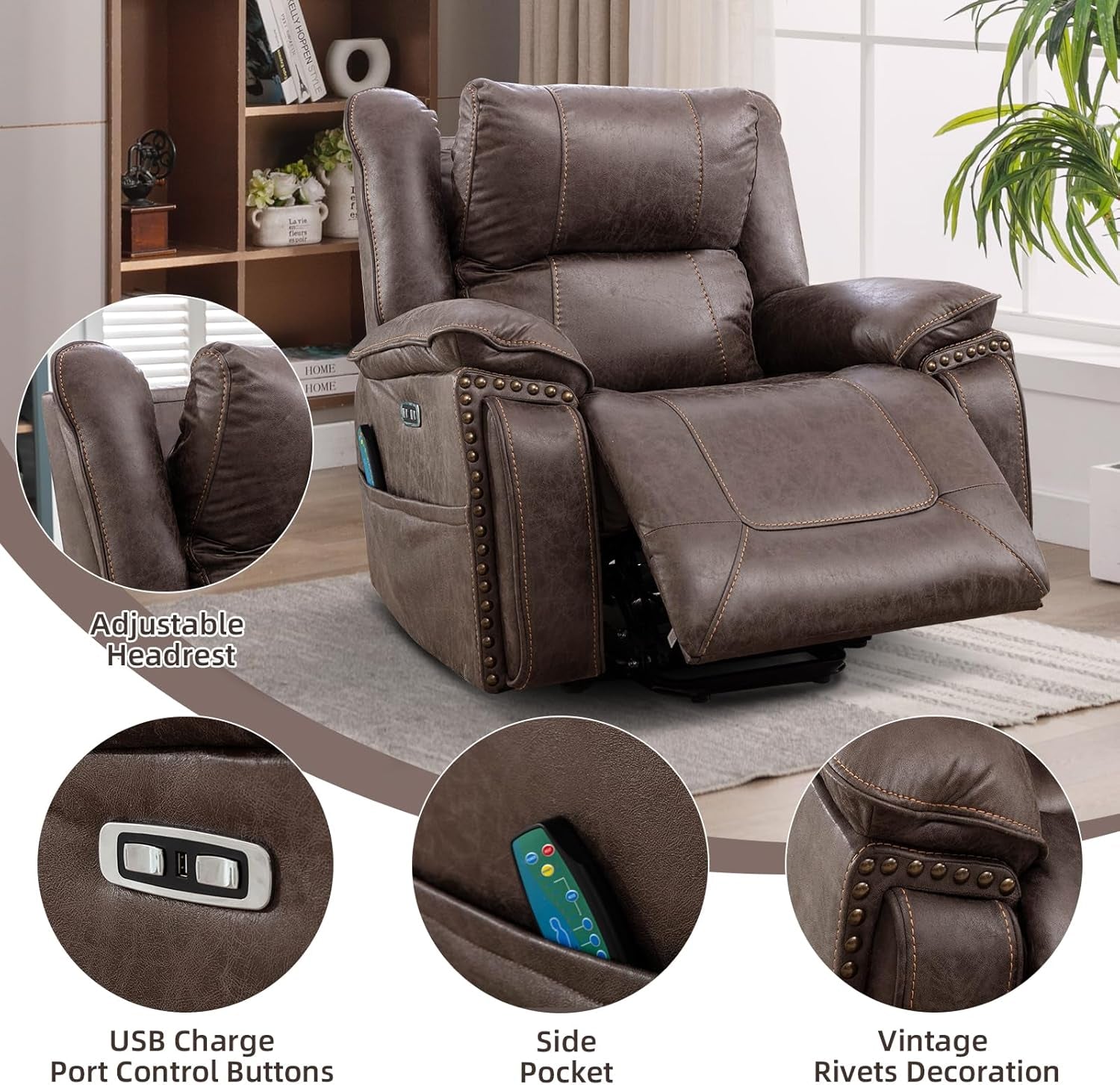 Faux Leather Power Lift Recliner with Massage & Heat for Elderly � Smoke Gray