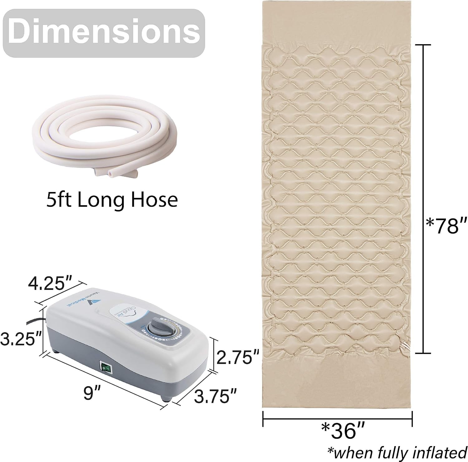 Medical Cloud Air Whisper Quiet Alternating Air Pressure Mattress Topper with Pump Twin Size 36" X 78" X 3"