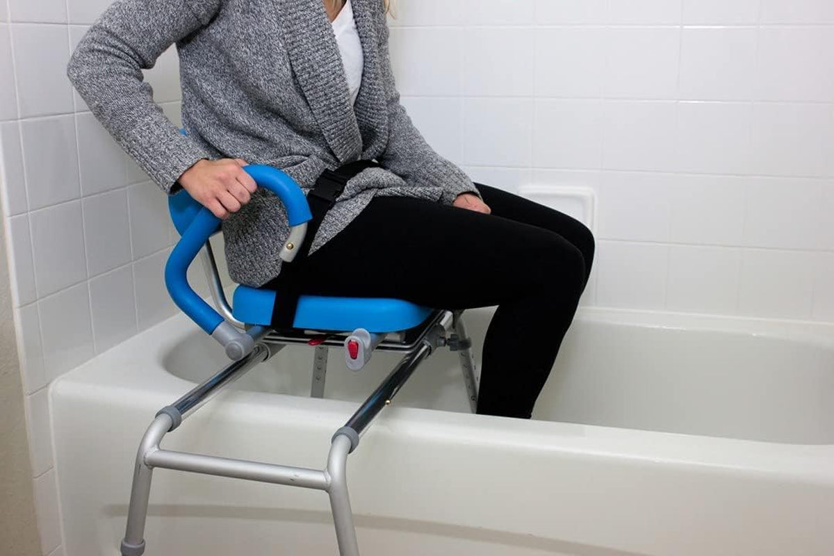 Carousel Sliding Shower Chair Tub Transfer Bench with Swivel Seat, Premium Padded, Pivoting Arms, Adjustable Space Saving Design for Tubs, inside Shower, for Handicap & Seniors, Blue