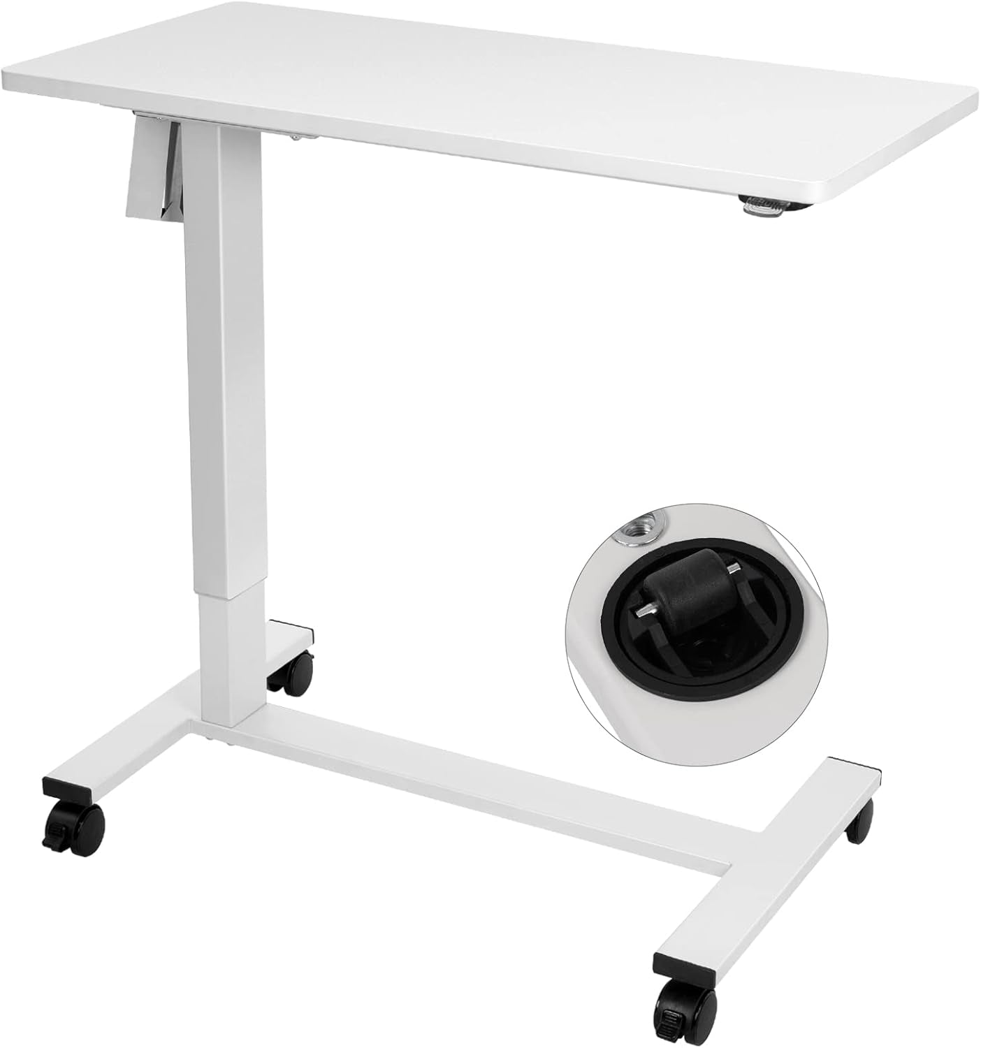 Electric Height Adjustable Overbed Bedside Table with Wheels for Home Office Use (White + White Frame)