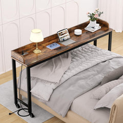 Table Overbed, Walnut, Queen Size, Wheels, Charging Station, 70.8" for Home and Hospital