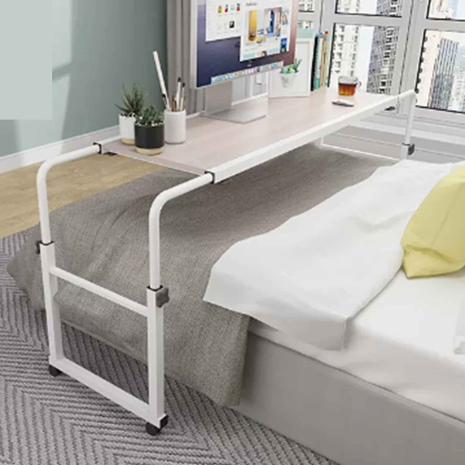 Adjustable Height Overbed Table with Wheels for Convenience - over the Bed Desk Perfect for Working or Eating in Bed - Portable Overbed Table with Rolling Wheels - Easy to Assemble Bed Table