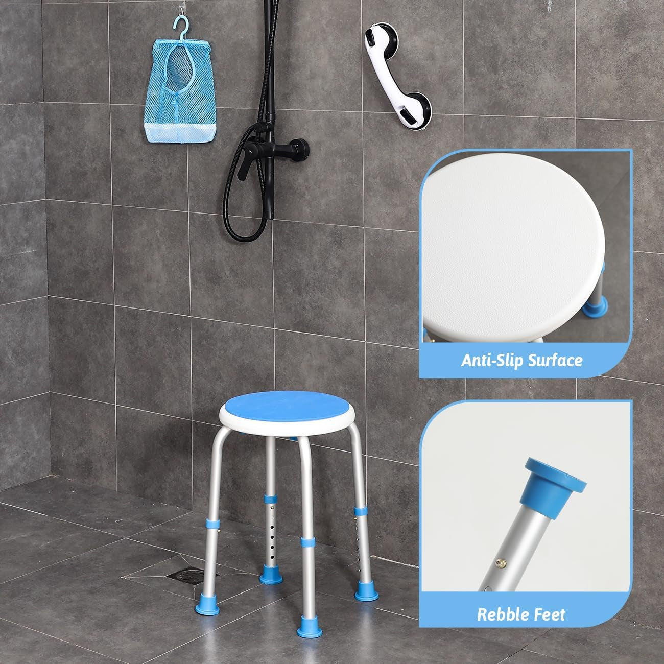 Adjustable Shower Chair for inside Shower, HSA/FSA Eligible round Shower Stool for inside Bathtub with Assist Grab Bar/Toiletry Bag, Tool-Free Shower Seat for Elderly/Senior/Disabled/Pregnant