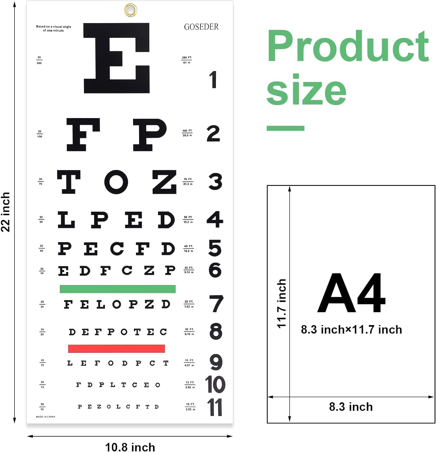 Snellen Eye Chart, Eye Charts for Eye Exams 20 Feet 22×11 Inches, Low Vision Eye Test Charts for Wall Décor Kids Gifts