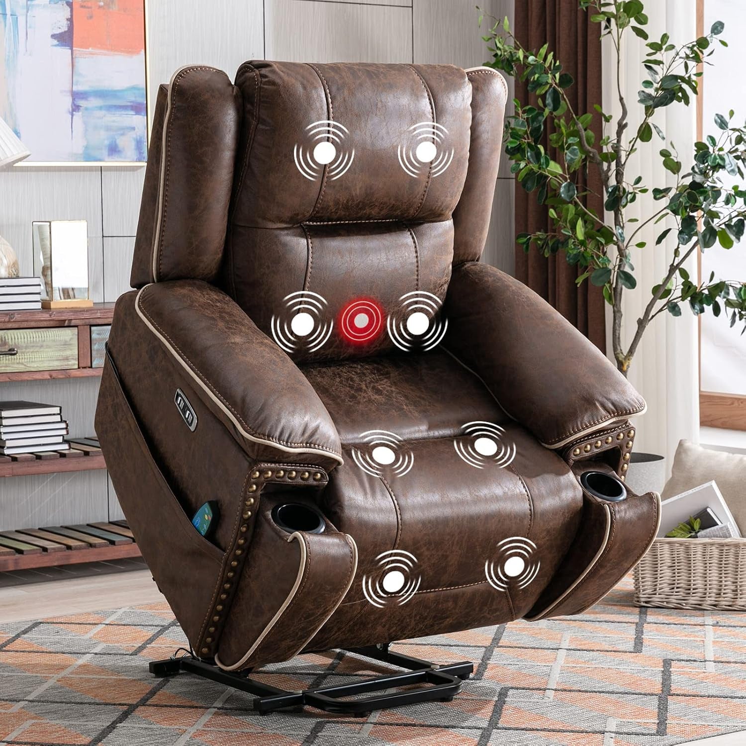 Faux Leather Power Lift Recliner with Massage & Heat for Elderly � Smoke Gray