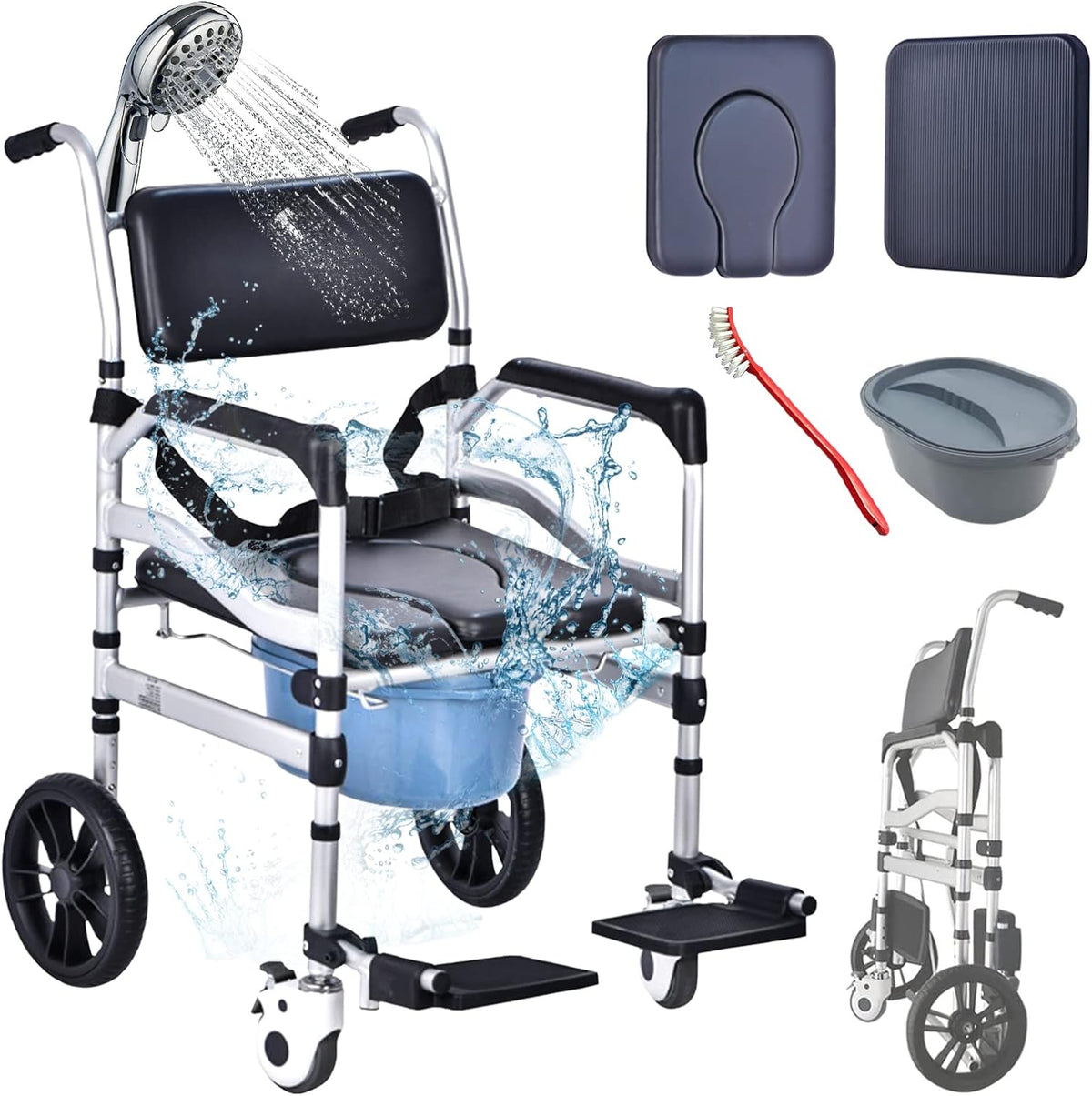 3-In-1 Shower Chair with Wheels - Folding Commode for Elderly