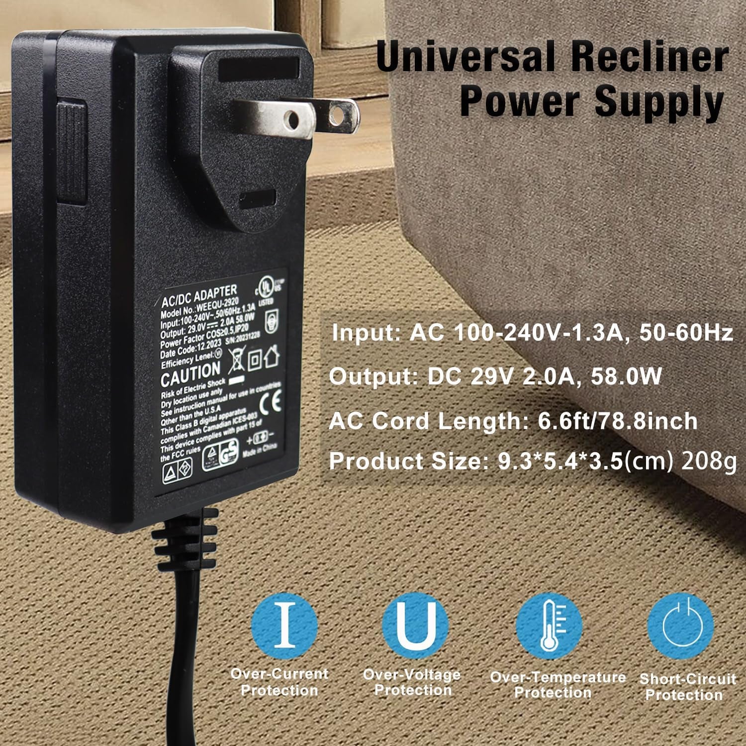 New Version 29V 2A Power Supply for Recliners with 6.6Ft Cord