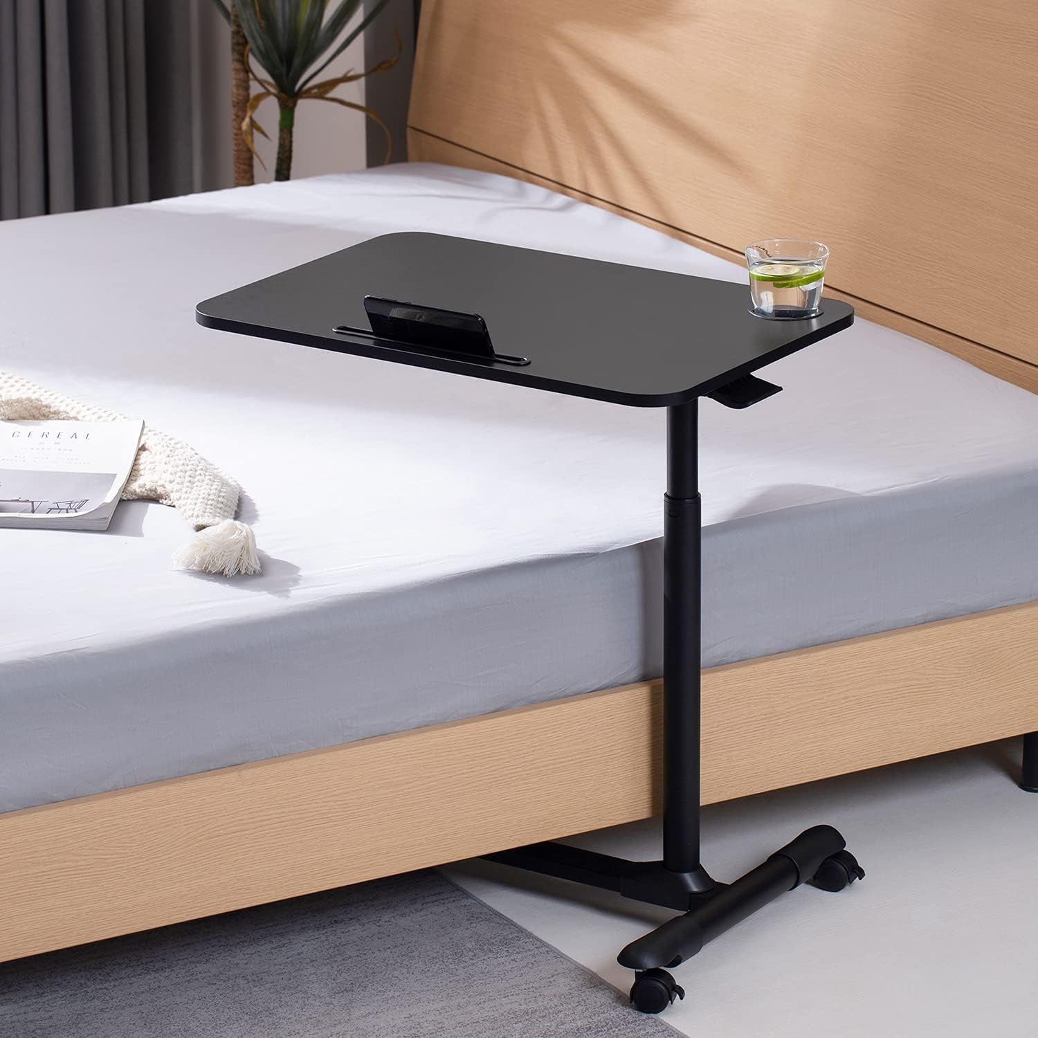 Overbed Table with Wheels, Rolling Tray Table, Hospital Bed Table, Adjustable Overbed Bedside Rolling Laptop Table (Black)