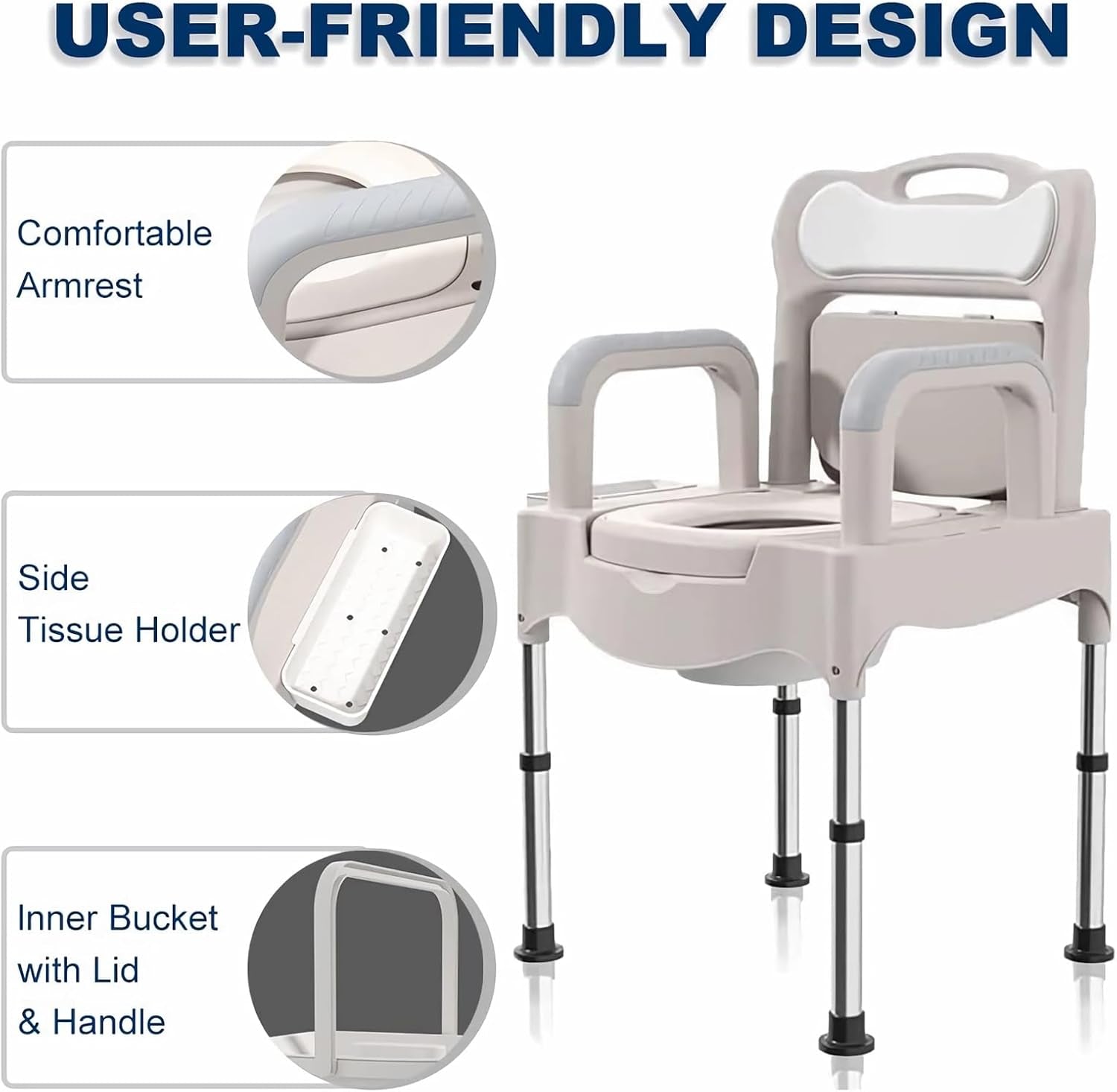 Height Adjustable Bedside Commode Chair - Portable Toilet