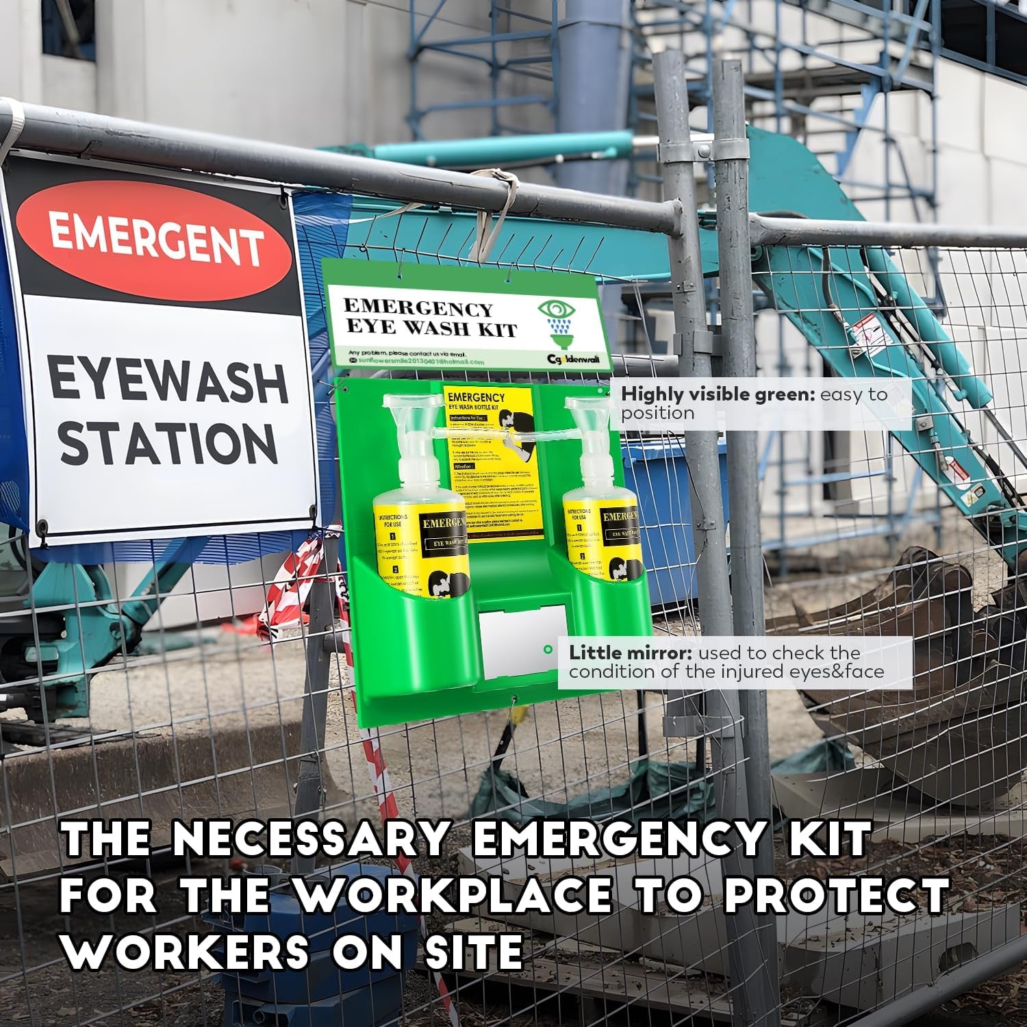 Eye Wash Station Portable Eye Wash Kit for Emergency, Wall Mounted Eyewash Station, 16.09Oz Capacity per Bottle, with Mirror & Emergency Sign, Safety Material, NO Solution