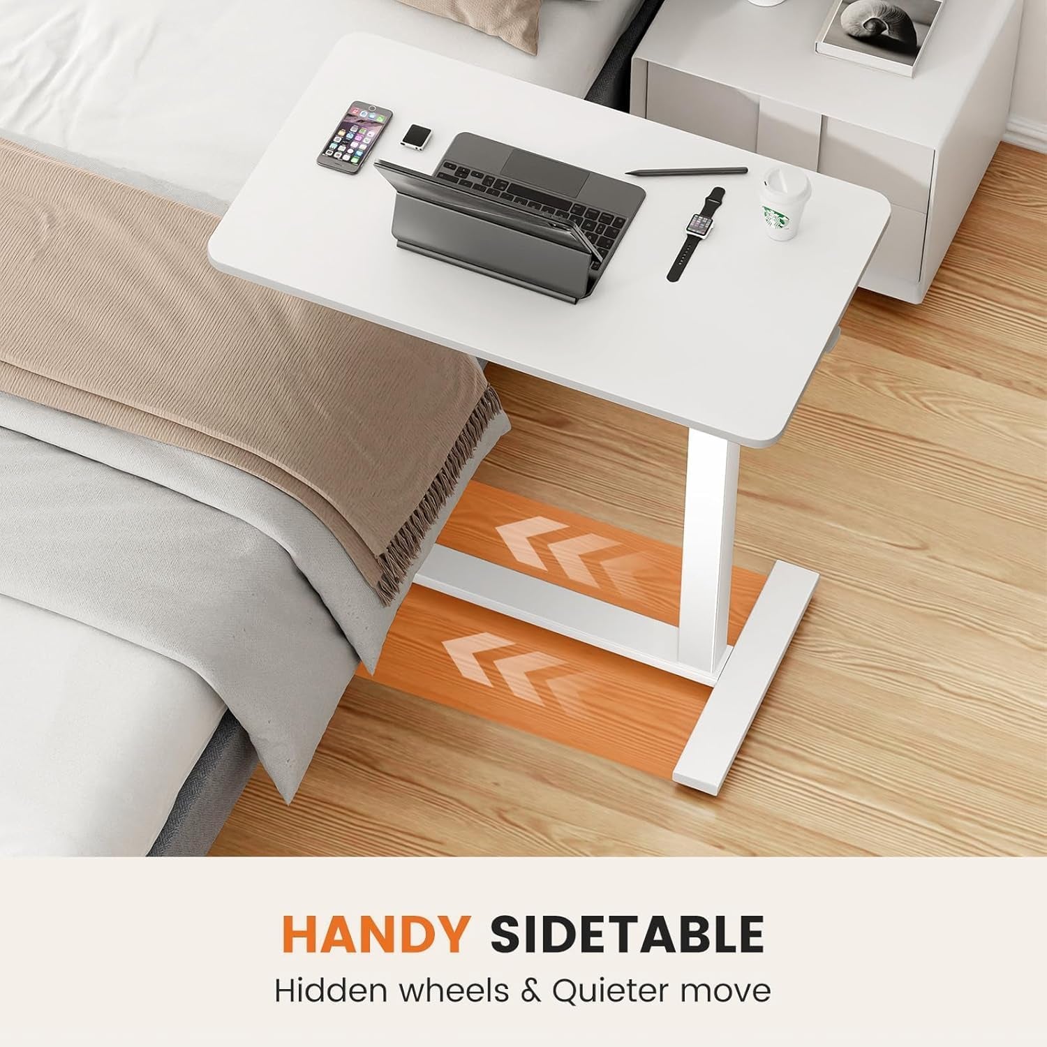 Overbed Bedside Table with Wheels, Adjustable Hospital & Home Use Bed Table, Rolling Laptop Table, Mobile Standing Desk, White