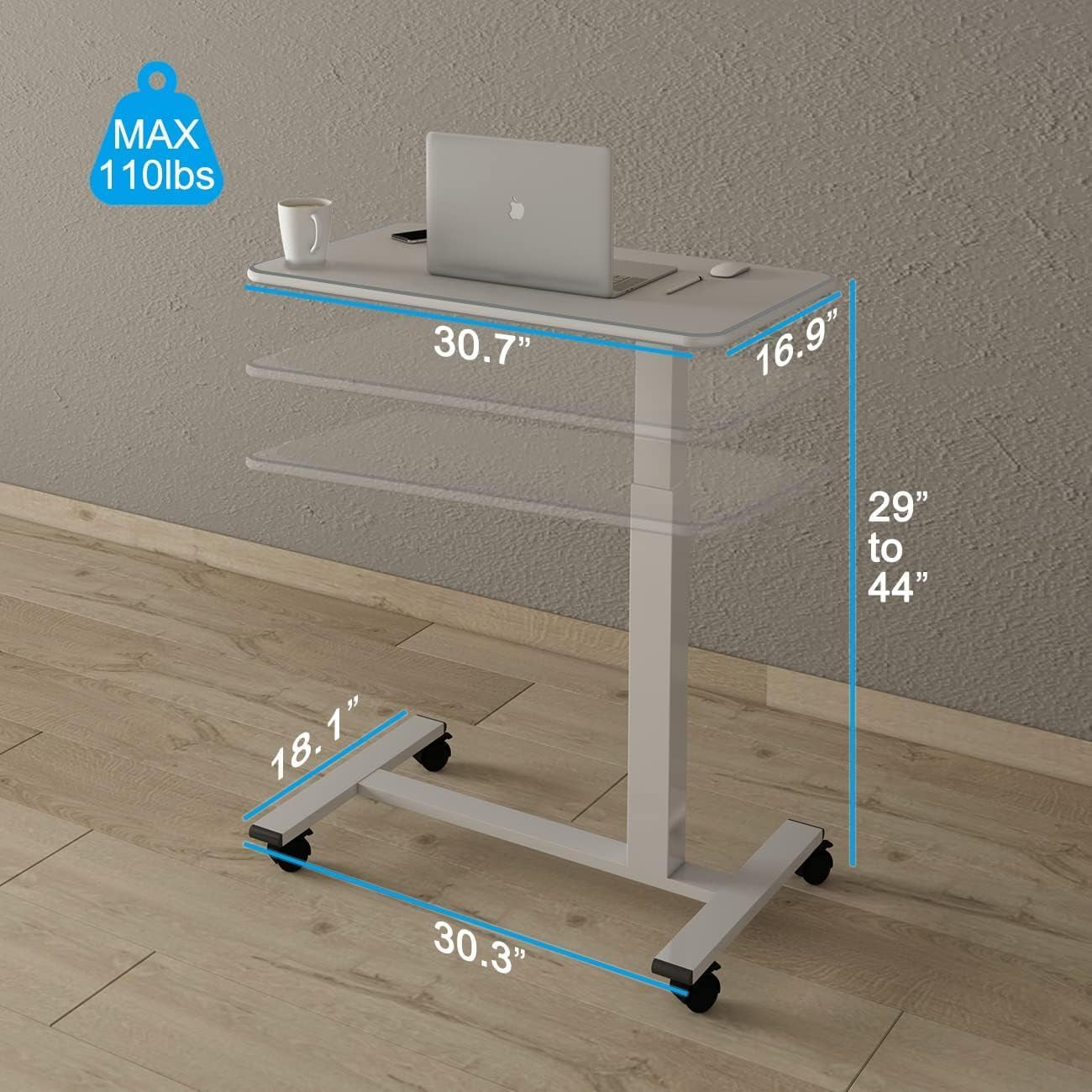 Overbed Table Height Adjustable Pneumatic Hospital Bed Table with Lockable Wheels Rolling Bedside Table Standing Desk Bed Table for Home Office Height 29"-44"