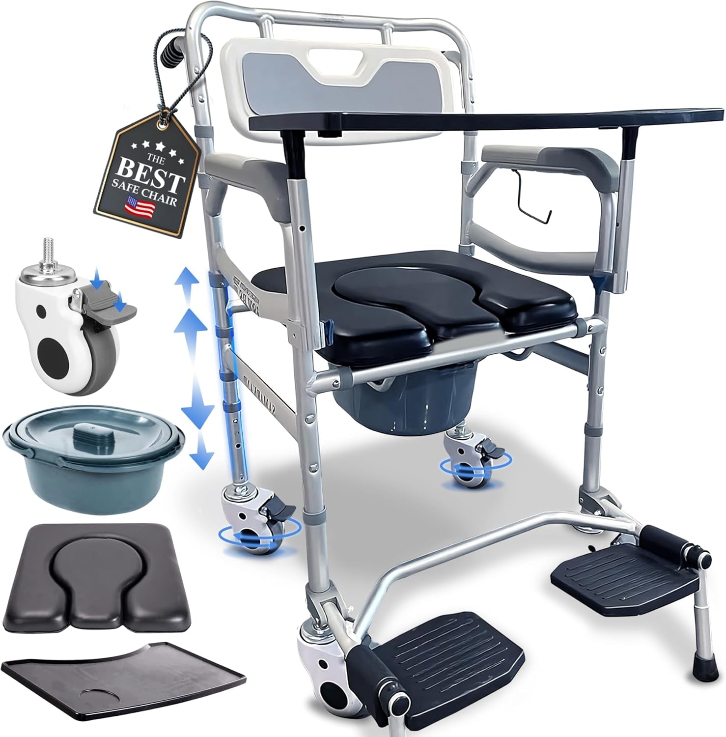 Shower Chair with Wheels & Tray - 3-In-1 Commode