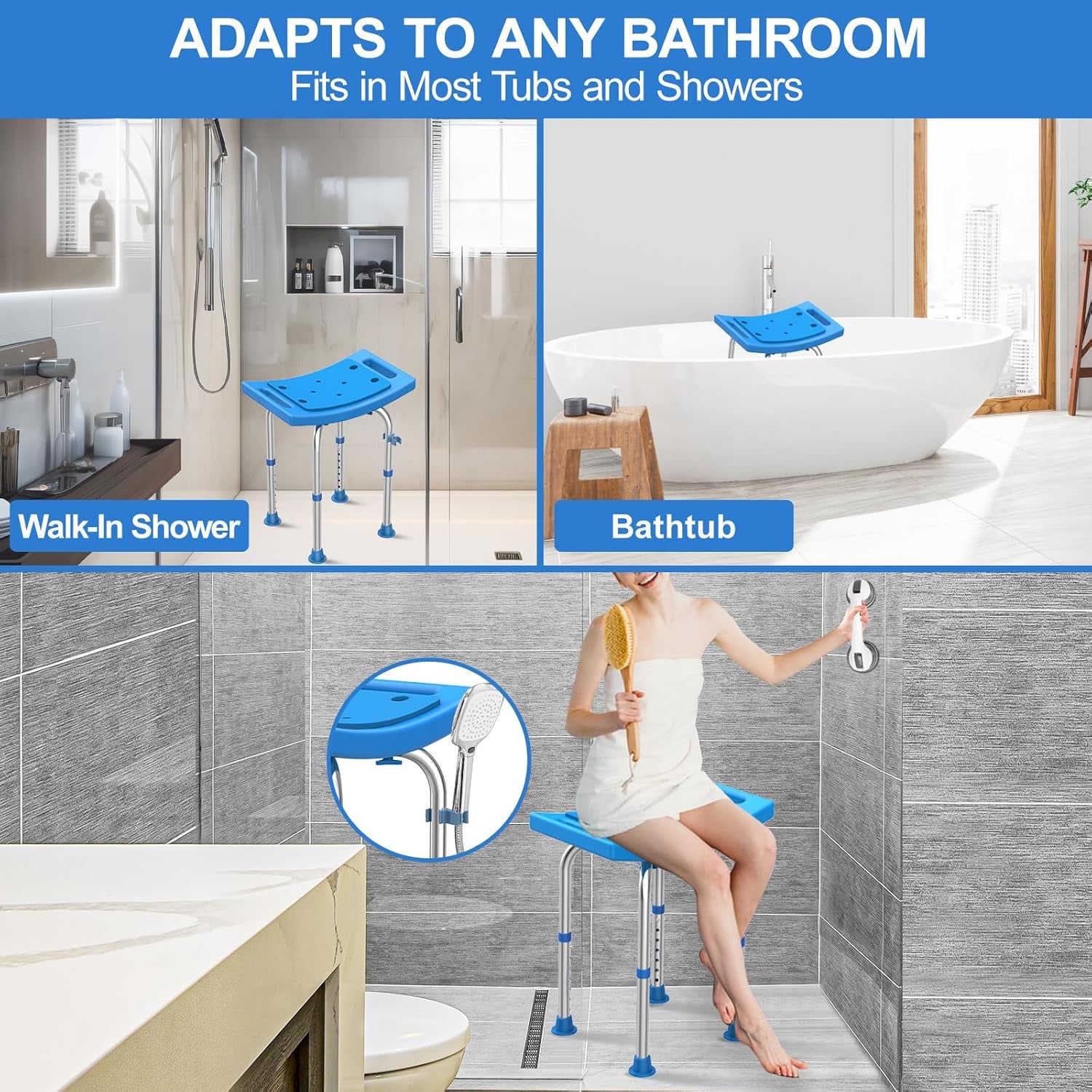 FSA/HSA Eligible Upgraded Heavy Duty Stainless Steel Shower Chair Seat, 400Lbs Adjustable Shower Stool W/Assist Grab Bar/Padded,Blue Bath Seat Chair,Tool-Free Shower Seat for inside Bathtub by