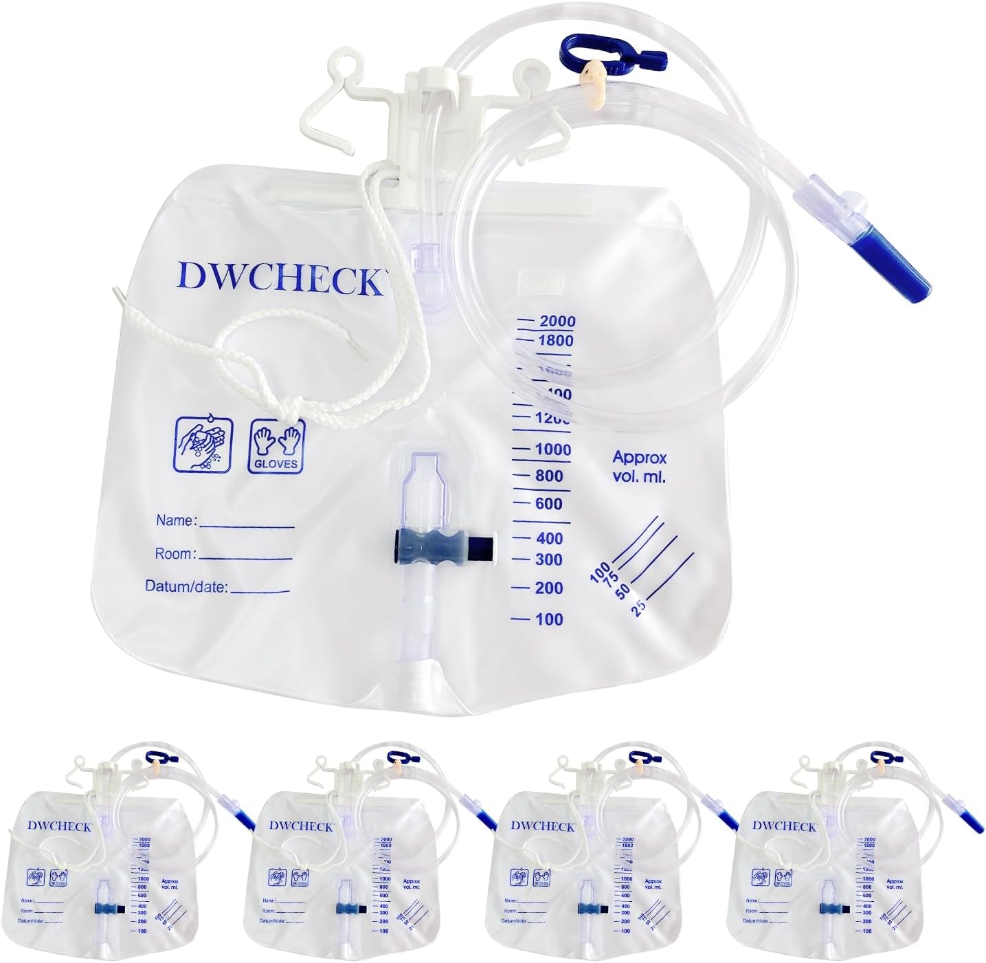 5 Pack 2000Ml Urinary Drainage Bags with 48" Tube