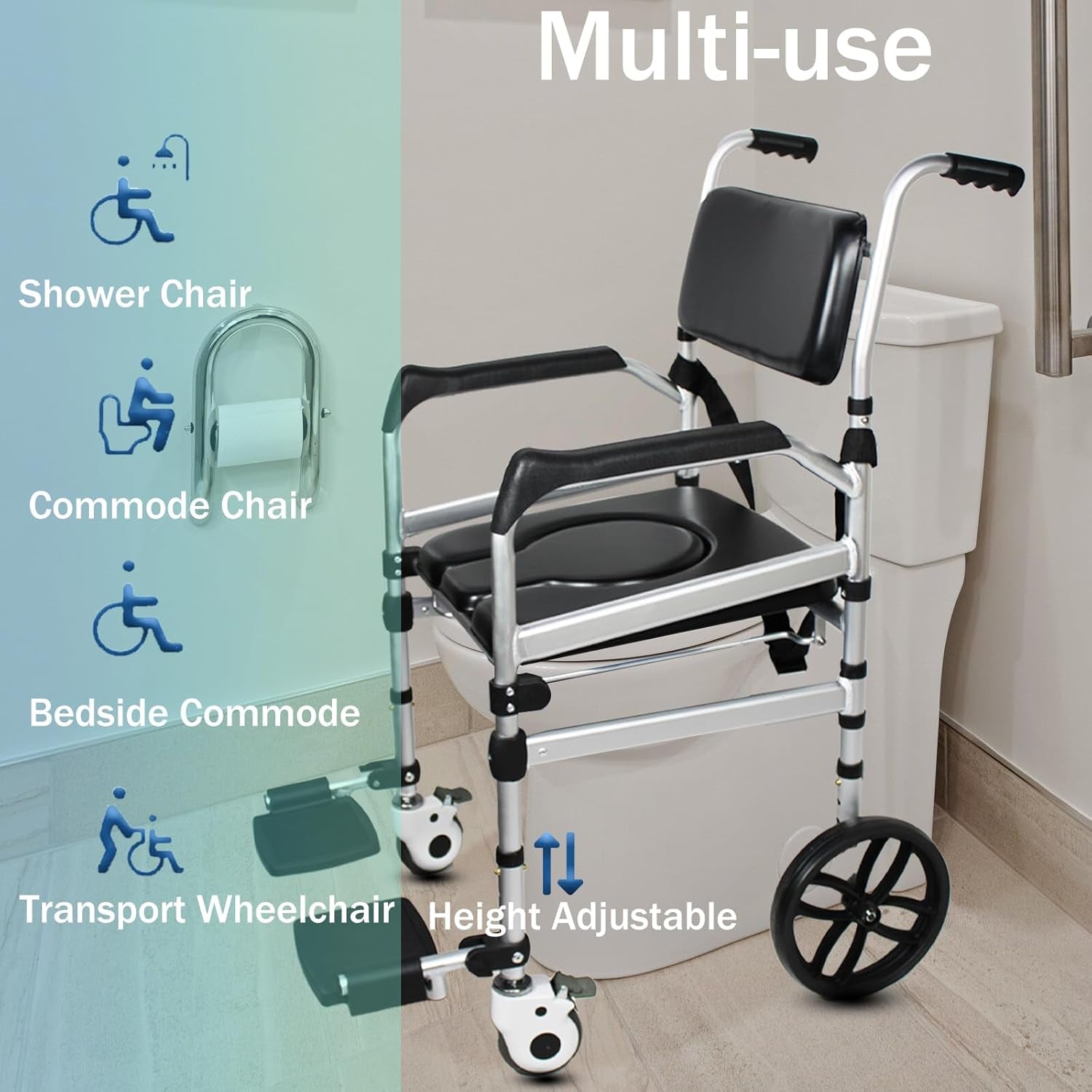 Folding Commode with Wheels - Padded Shower Chair