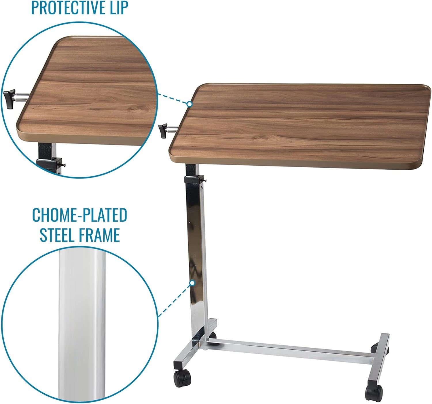 Tilt-Top Overbed Table, Bedside Table with Wheels, Hospital Bed Table, Bed Trays for Eating, Bed Trays, Rolling Tray Height 34"-46"