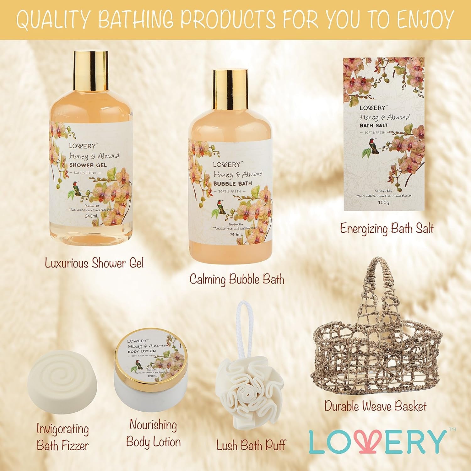 Honey & Almond Bath Set, 9 Pieces