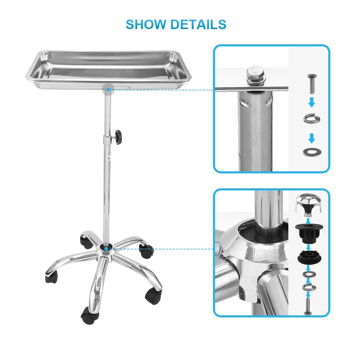 Upgraded Mayo Instrument Stand with Mobile 5 Caster Base Mobile Medical Doctor Tattoo Spa Salon Service Instrument Procedure Trays with Lift Out Work Tray