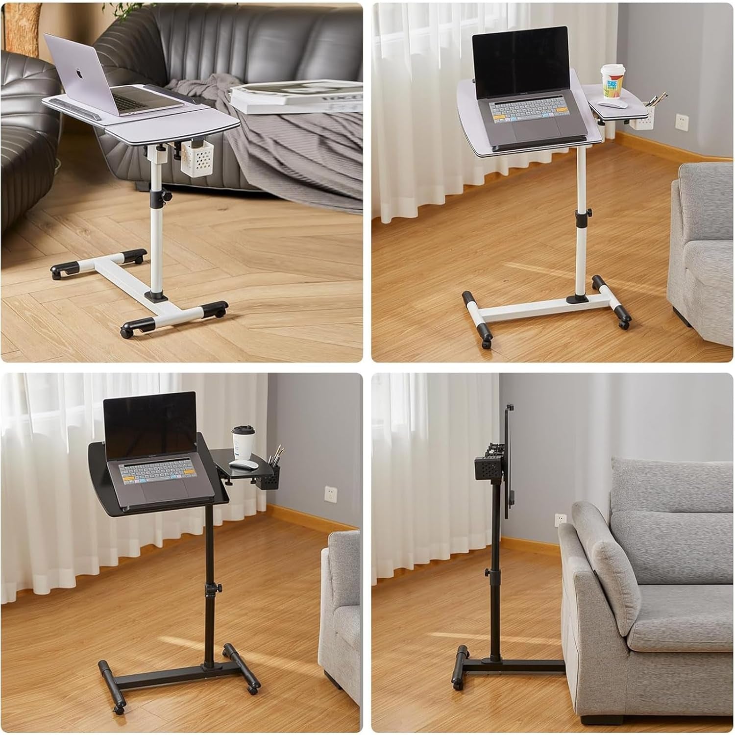 Tilting Overbed Table with Wheels,Height Adjustable over Bed Bedside Desk with 2 Tilting Desktops, Mobile Laptop Table Stand Desk Rolling Computer Cart Medical for Hospital Home Sofa (Black)