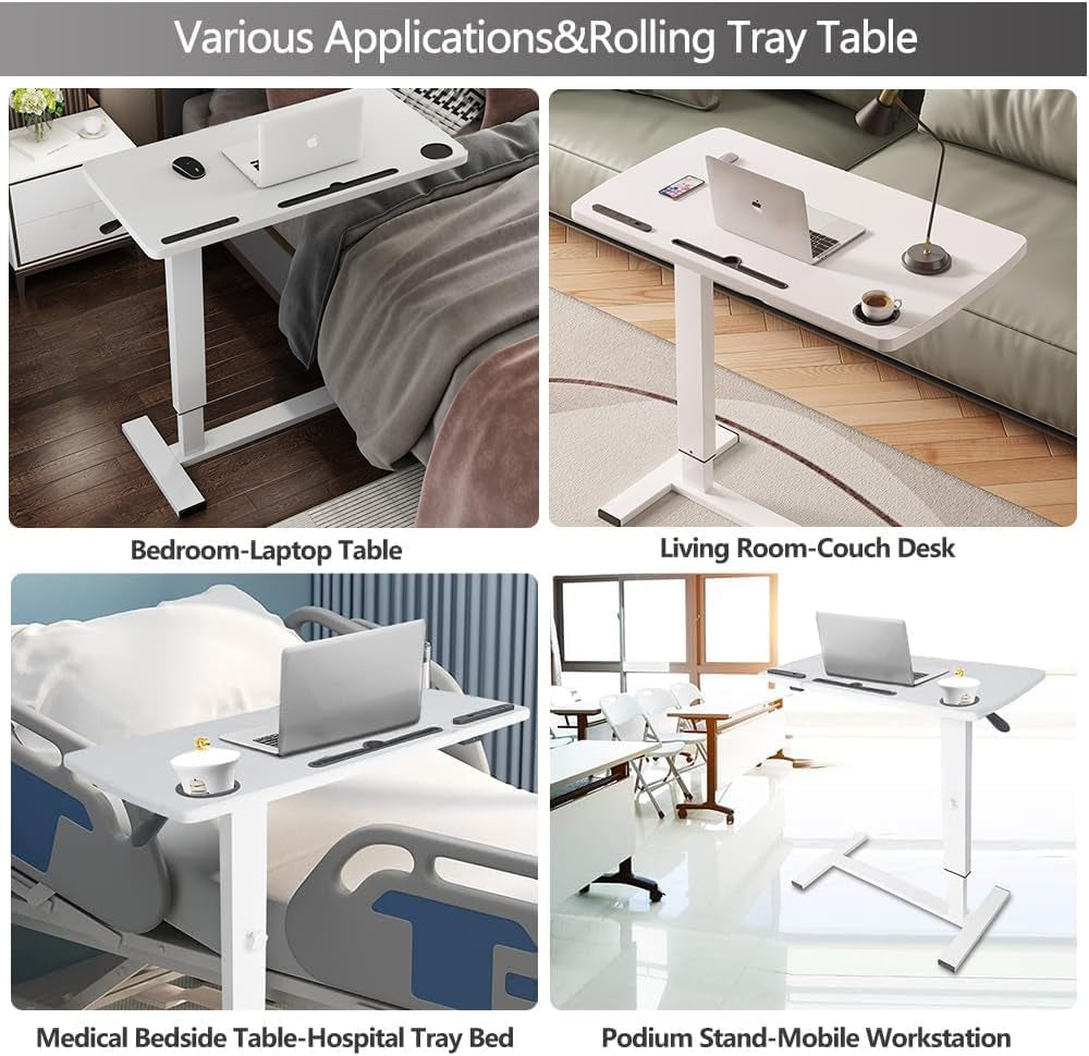 Overbed Table,Hospital Bed Table,Pneumatic Bed Tables Adjustable over the Bed with Hidden Wheels&Usb,Mobile Laptop Cart&Rolling Bedside Table with Tray Hospital Home Use (White1)