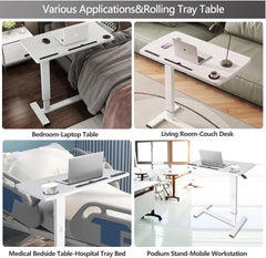 Overbed Table,Hospital Bed Table,Pneumatic Bed Tables Adjustable over the Bed with Hidden Wheels&Usb,Mobile Laptop Cart&Rolling Bedside Table with Tray Hospital Home Use (White1)