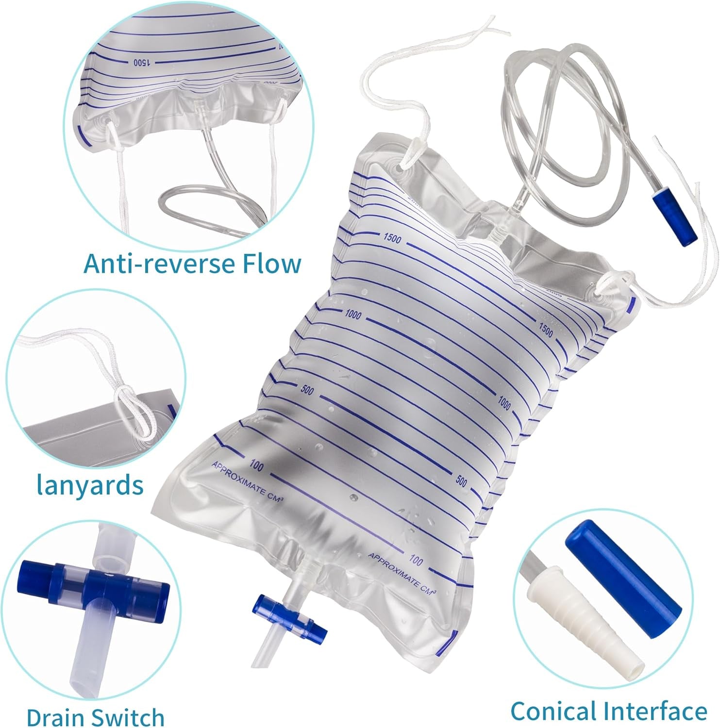 10 Pack 2000Ml Urinary Drainage Bags with Anti-Reflux Valve