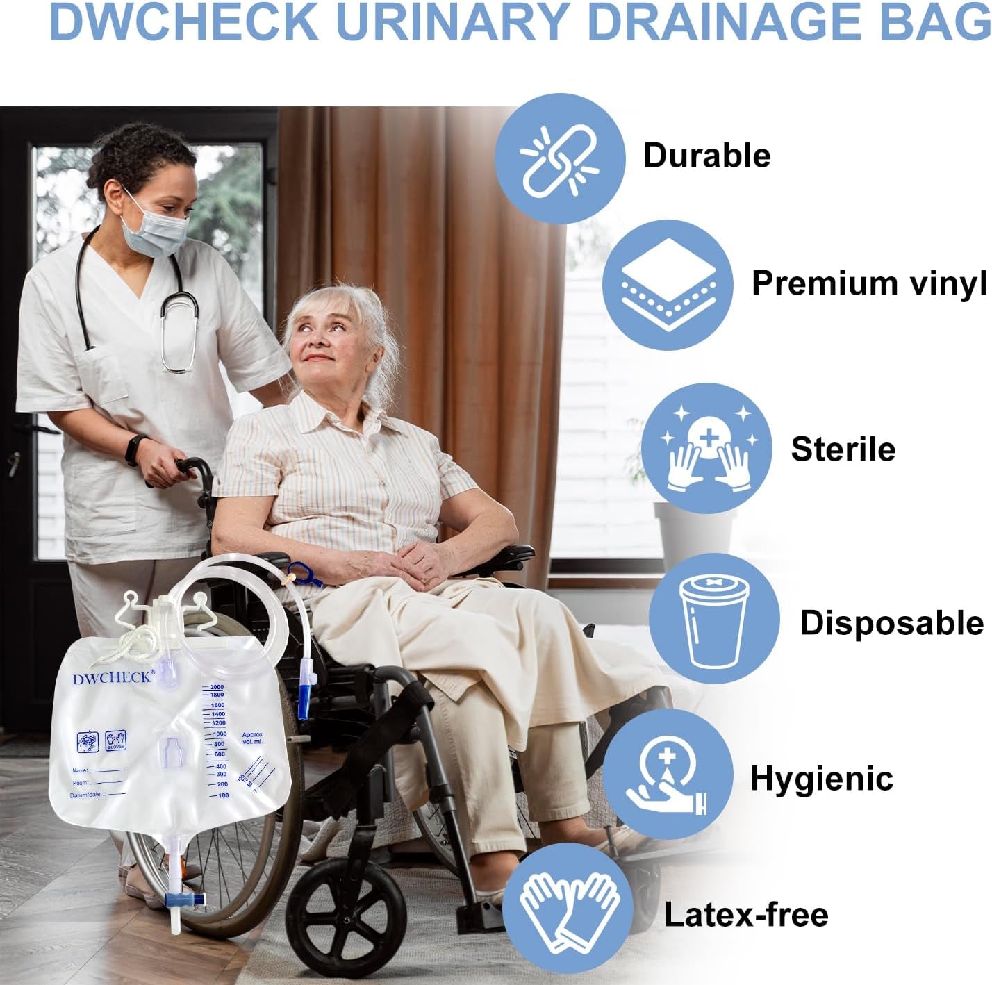 5 Pack 2000Ml Urinary Drainage Bags with 48" Tube