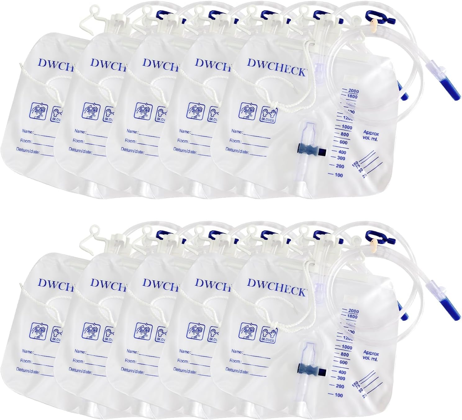 5 Pack 2000Ml Urinary Drainage Bags with 48" Tube