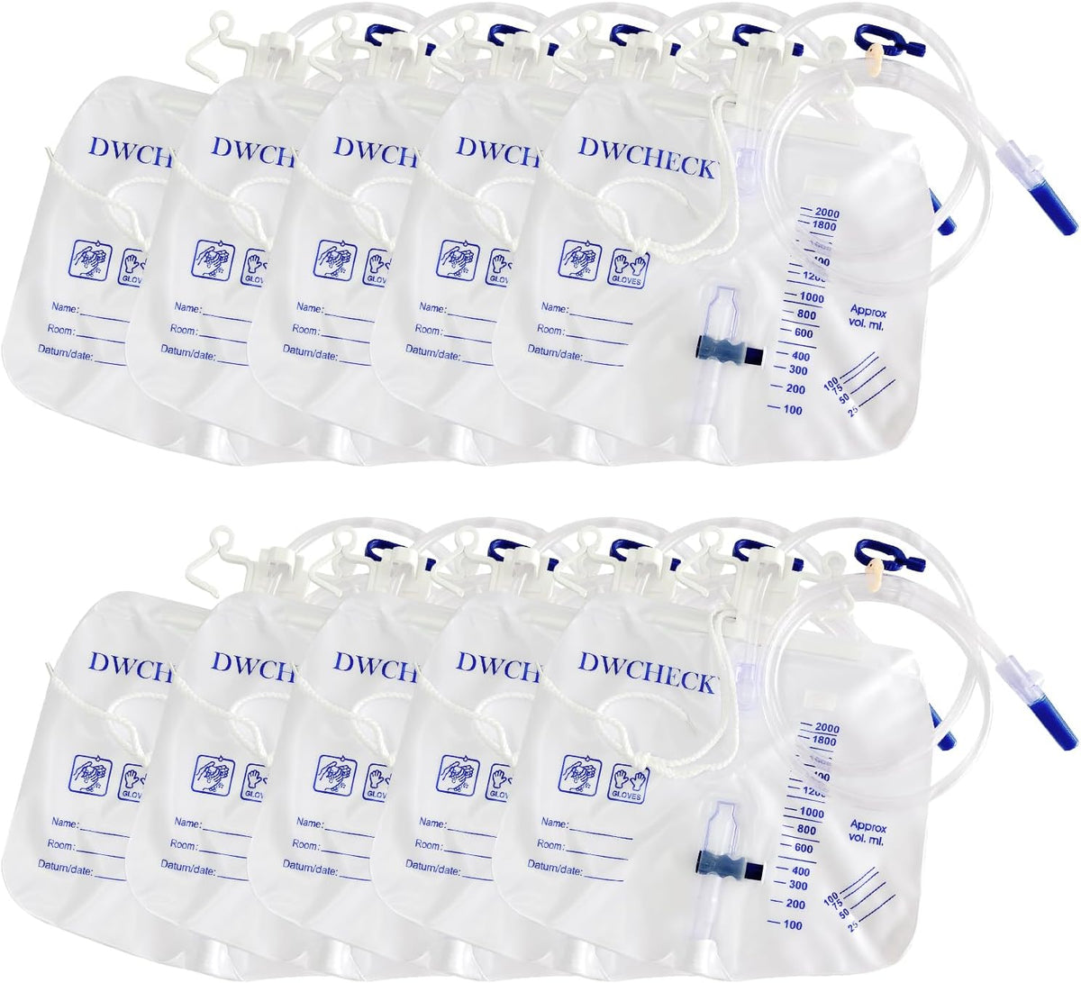 5 Pack 2000Ml Urinary Drainage Bags with 48" Tube