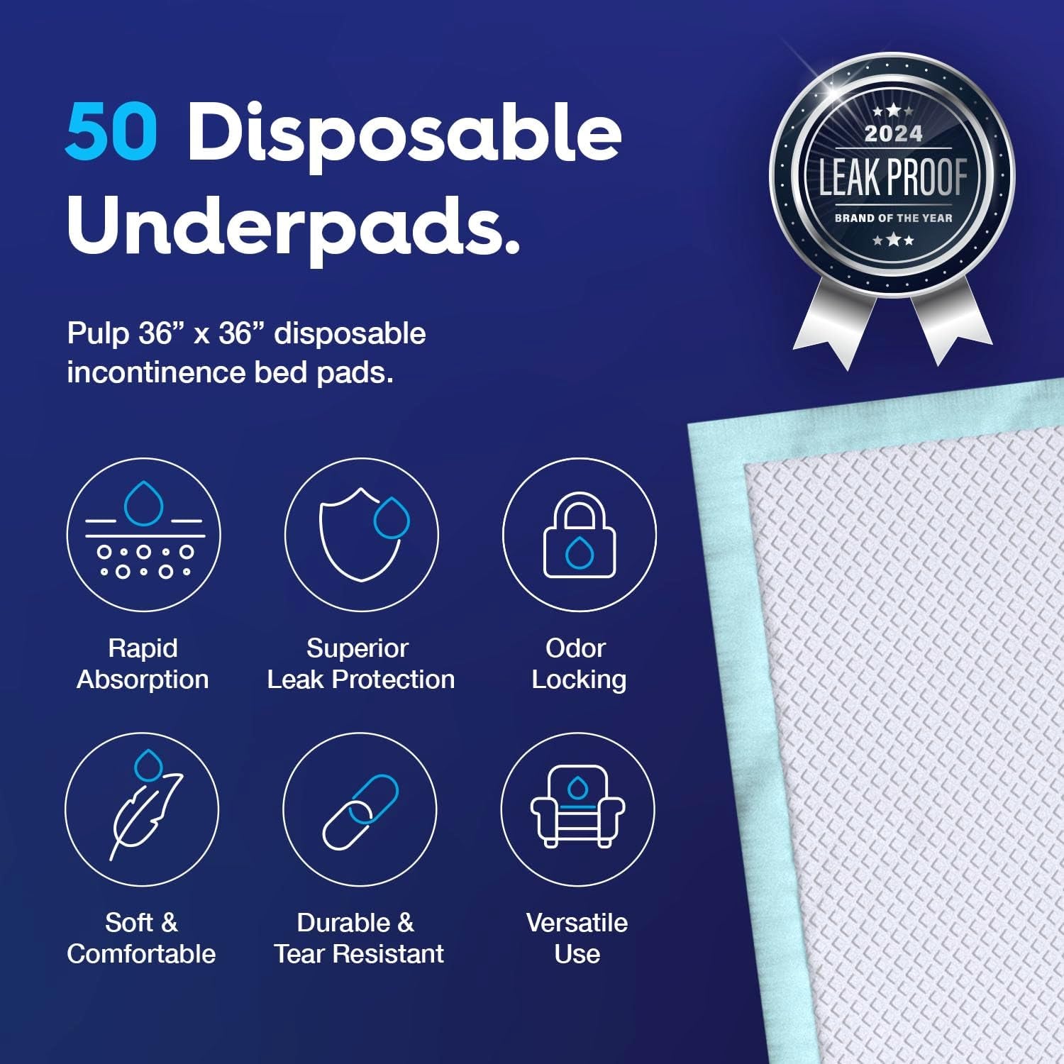 Ultra Absorbent Disposable Bed Pads, Waterproof for Mattresses, Sofa, Chairs - 36" X 36"