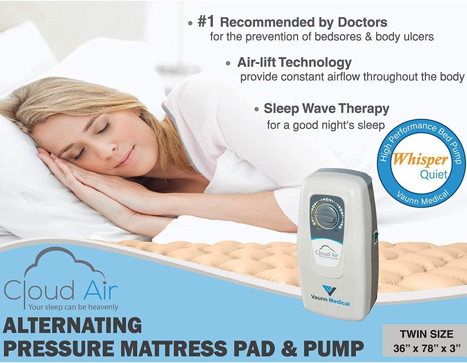 Medical Cloud Air Whisper Quiet Alternating Air Pressure Mattress Topper with Pump Twin Size 36" X 78" X 3"