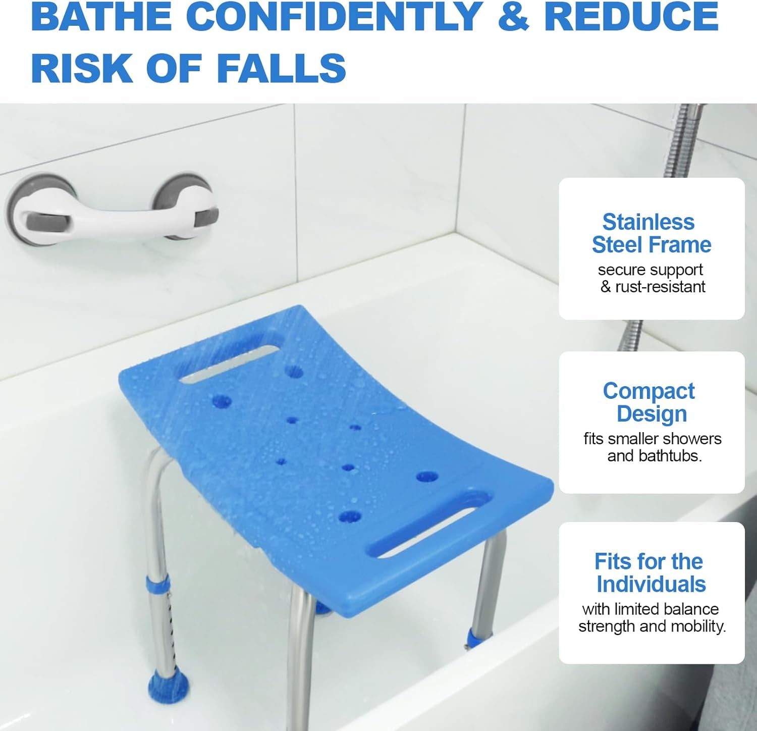 FSA/HSA Eligible Upgraded Heavy Duty Stainless Steel Shower Chair Seat, 400Lbs Adjustable Shower Stool W/Assist Grab Bar/Padded,Blue Bath Seat Chair,Tool-Free Shower Seat for inside Bathtub by