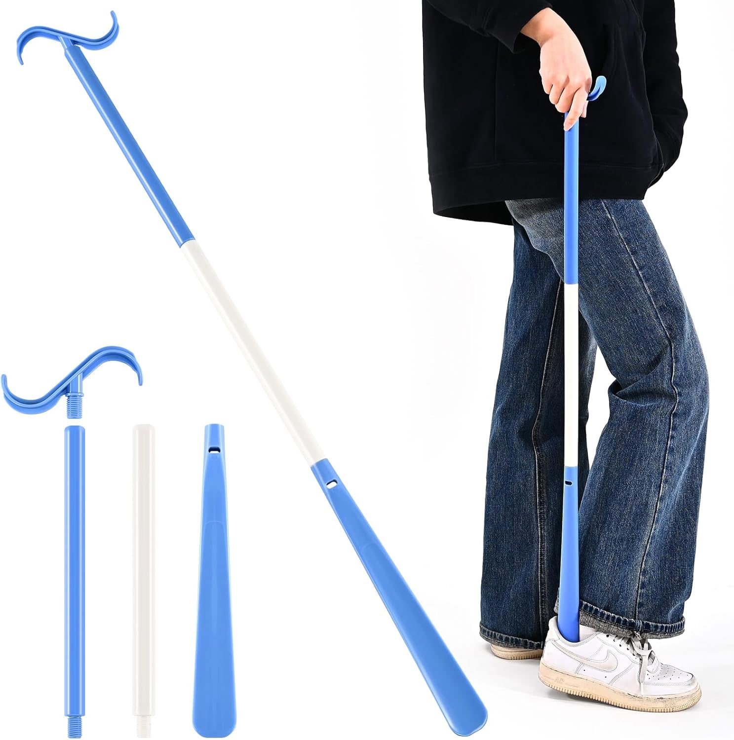 35" Long Dressing Stick with Shoe Horn with Sock Removal Tool, Adjustable Extended Dressing Aids for Shoes, Socks, Shirts and Pants White and Blue