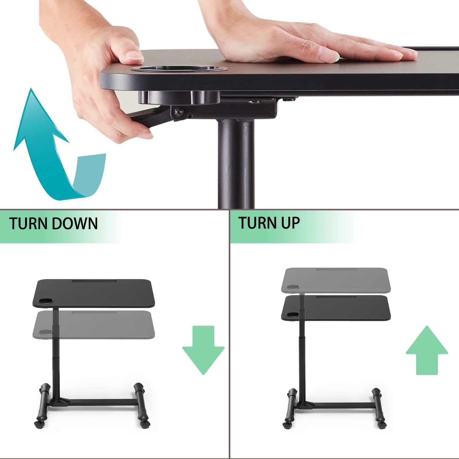 Overbed Table with Wheels, Rolling Tray Table, Hospital Bed Table, Adjustable Overbed Bedside Rolling Laptop Table (Black)