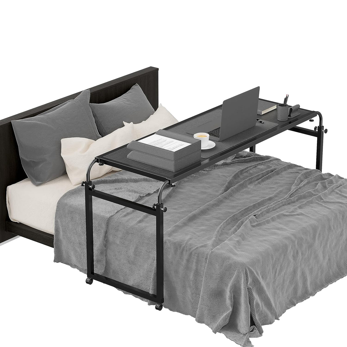 Overbed Table with Wheels Desk over Bed King Queen Laptop Wheels, Black