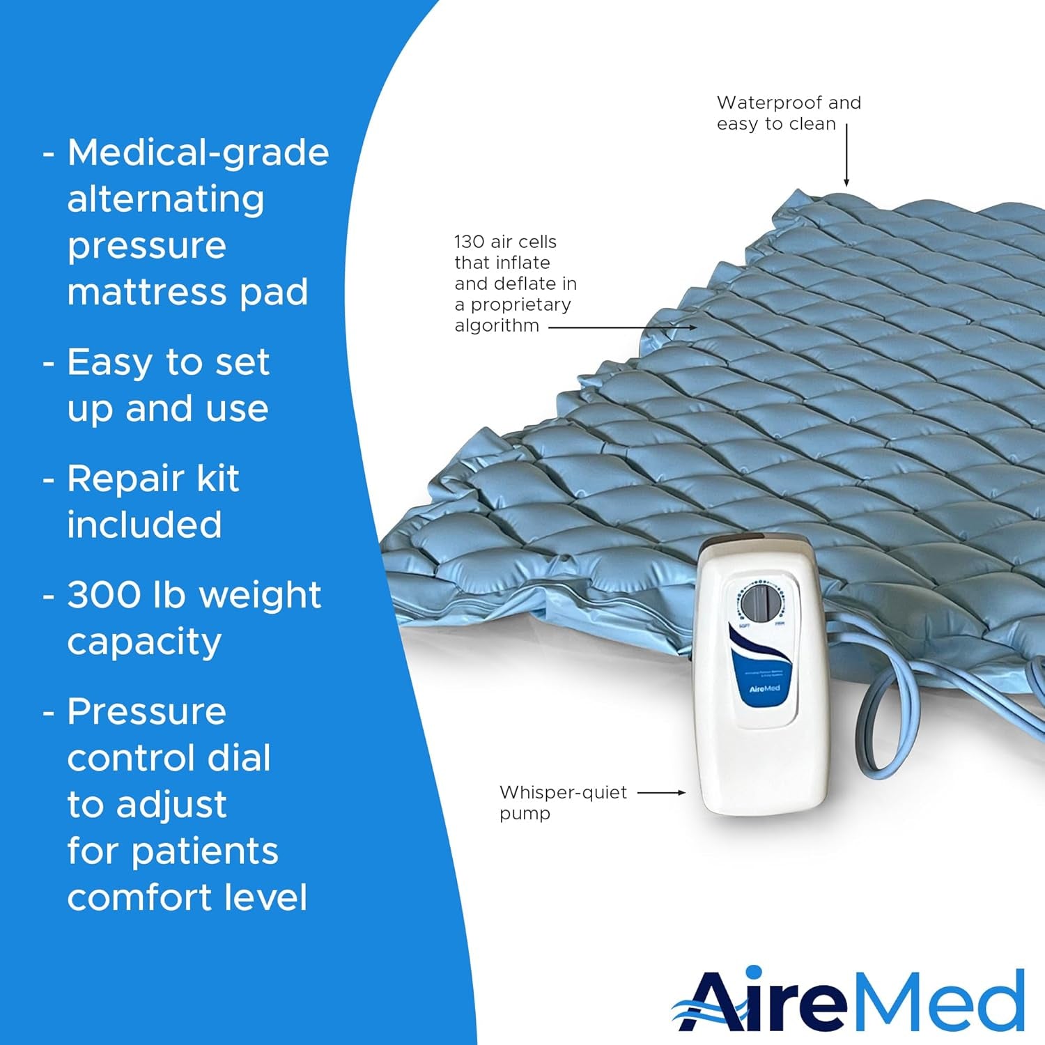 Alternating Air Pressure System with (2) Mattress Pads - Air Mattress Topper for Hospital & Home Beds - Ultra Quiet Electric Pump System - Air Mattress for Hospital Beds - Bed Sore Relief