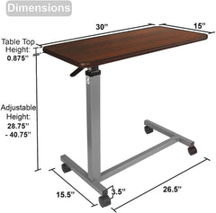 Adjustable Overbed Bedside Table with Wheels (Hospital and Home Use), Walnut Brown