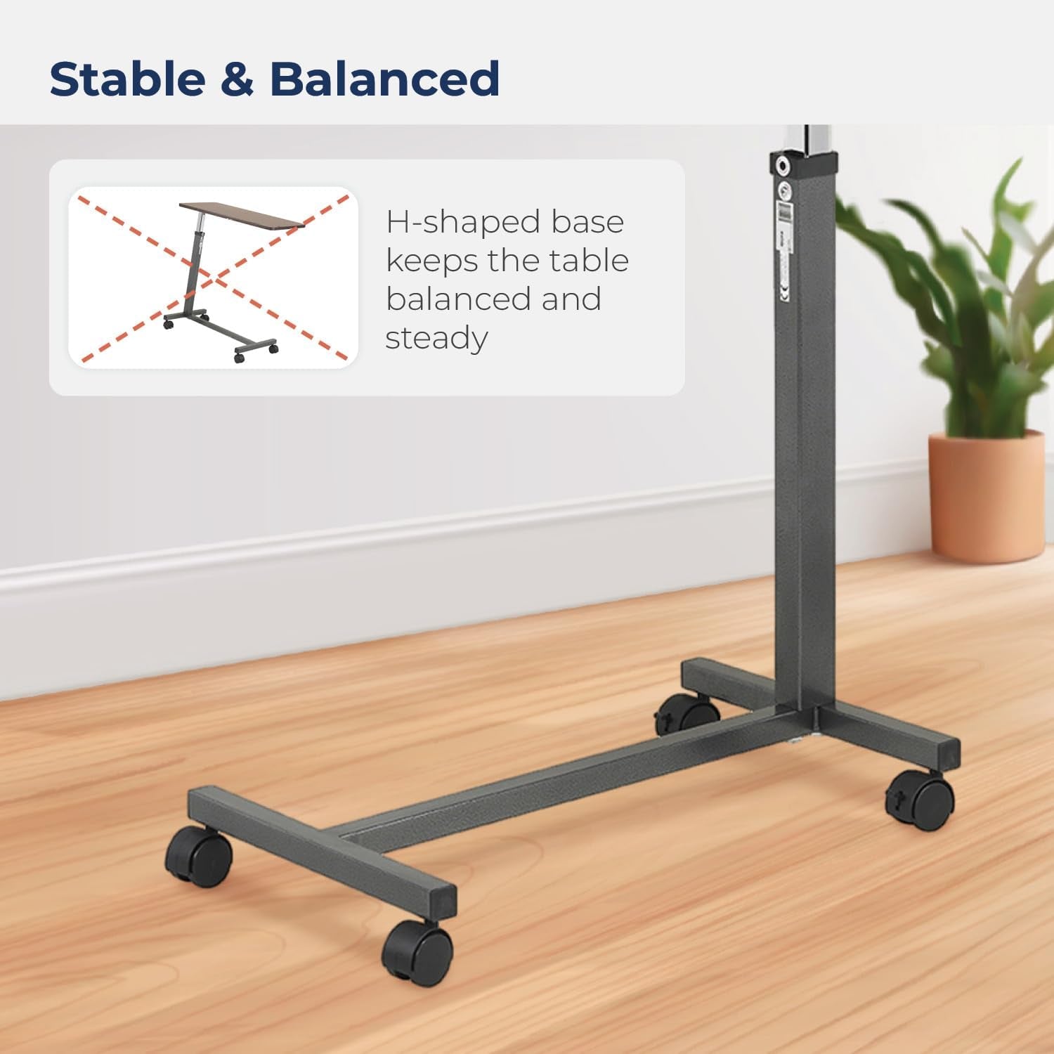 13067 Non Tilt Top Overbed Table with Wheels, Bedside Table, Adjustable Overbed Rolling Table, Adjustable Standing Desk or Hospital Tray Table with Secure Height Adjustment, Silver Vein