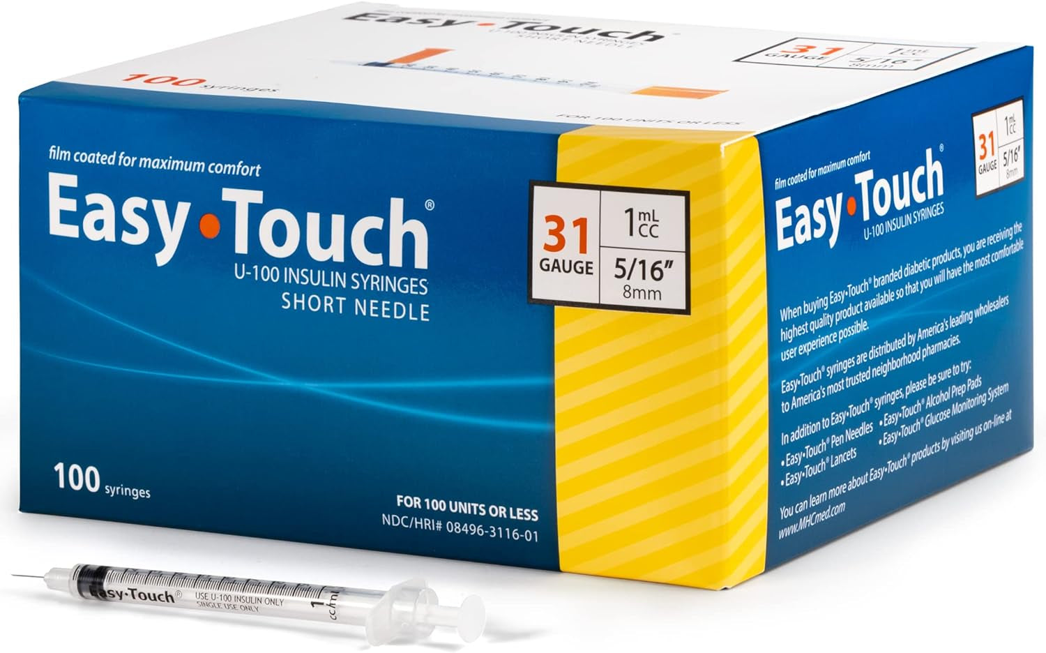 Easytouch U-100 Insulin Syringe with Needle, 31G 1Cc 5/16-Inch (8Mm), Box of 100