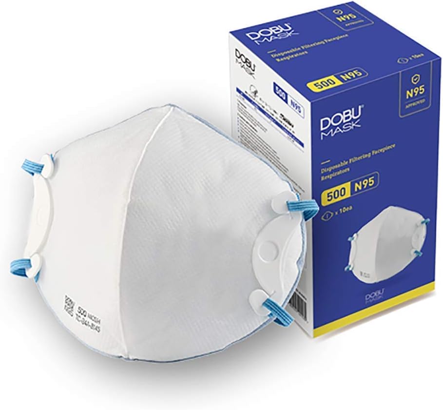 DOBU MASK 5PLY N95 Respirator Cup Mask Shape holder included, model 500, Medium Size, NIOSH Certified, 10 masks individual package, Adjustable Head Straps,protect from non-oil-based particles.