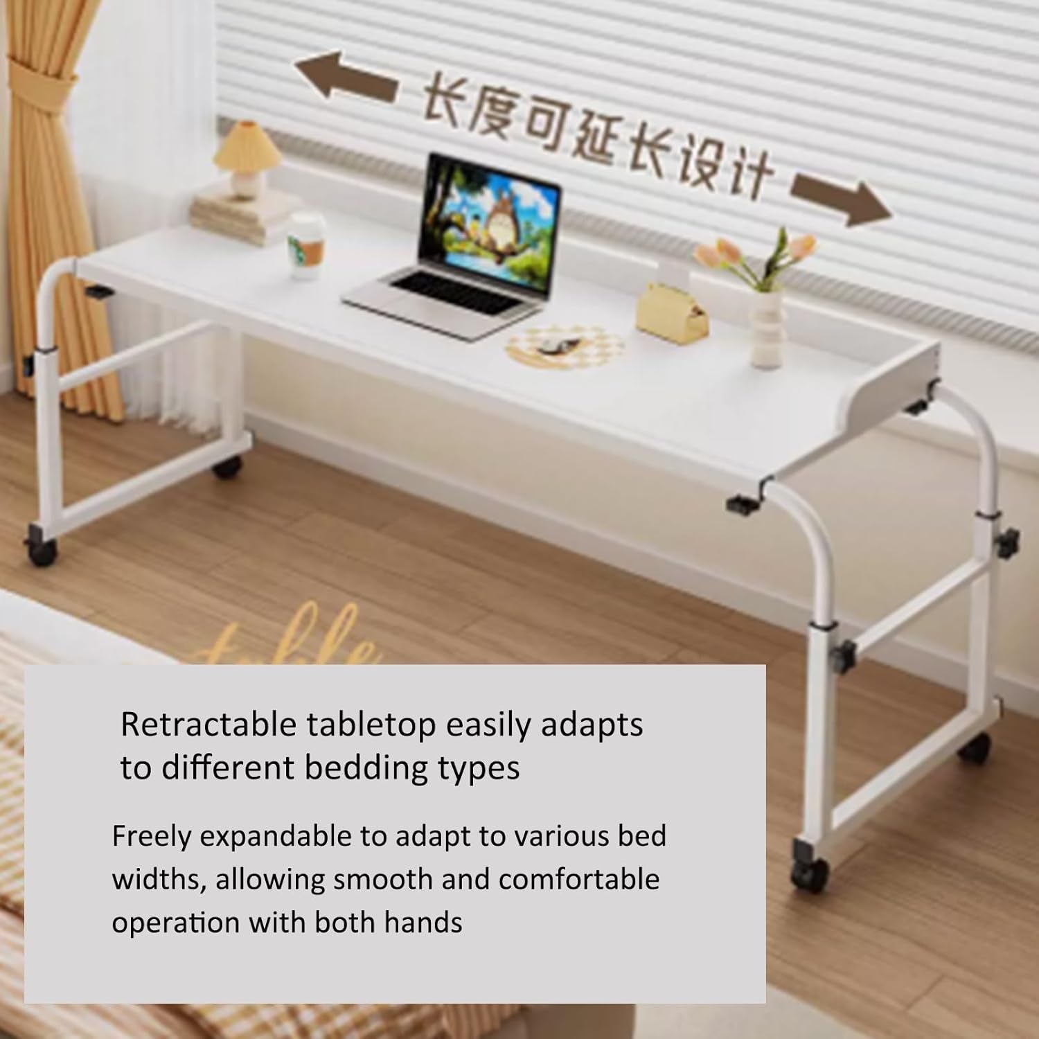 GHT Table for Bed Rolling Overbed Table Bedside Table with Wheels (White NO Baffle_120*45Cm/47 * 17.5IN)