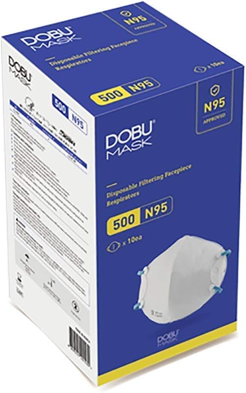 DOBU MASK 5PLY N95 Respirator Cup Mask Shape holder included, model 500, Medium Size, NIOSH Certified, 10 masks individual package, Adjustable Head Straps,protect from non-oil-based particles.