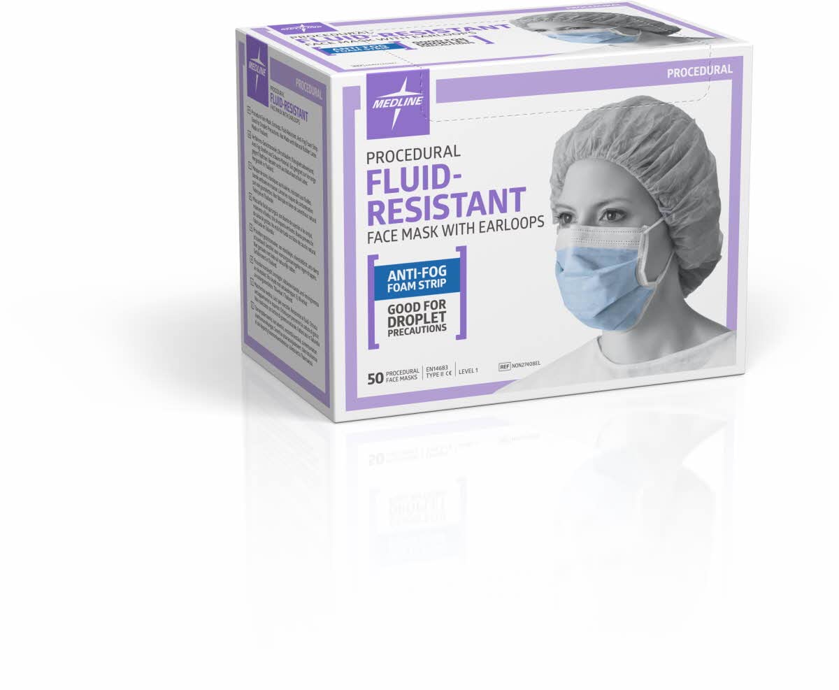 Medline NON27408ELZ ASTM Level 1 Procedure Face Mask with Anti-Fog Strip & Ear Loops, Blue