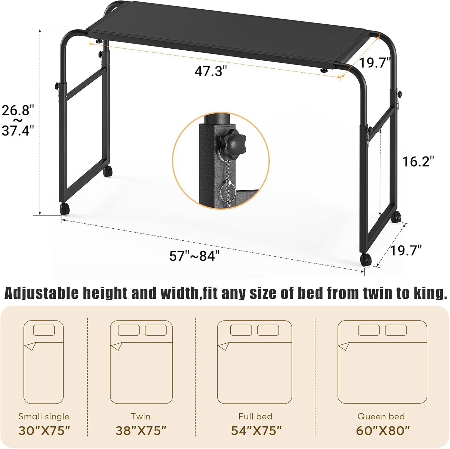 Overbed Table with Wheels,Rolling Desk over Bed Adjustable Height,Mobile Standing Laptop Table over Bed King Queen for Hospital and Home,Black